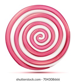 Round Pink Lollipop Isolated Vector. Classic Sweet Realistic Candy Abstract Spiral Illustration
