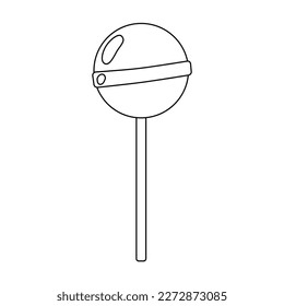 Round pink lollipop, retro style design element, doodle style flat vector outline for coloring book