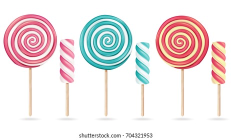 Round Pink Lollipop Set Vector. Cream Marshmallow On Stick. Sweet Realistic Candy Spiral Isolated Illustration