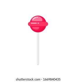 Round pink lollipop sweet candy flat icon. Vector cartoon illustration isolated on white background 