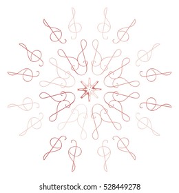 Round pink musical snowflake with elements as treble clef. Mandala. Good for decor, designs, Christmas and New year decorations, wrapping, Saint Valentine's day.