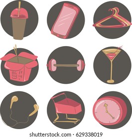 Round pink on dark background hand drawn icons