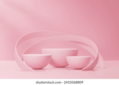 Round pink podium stage with half rounded sphere and orbits. Realistic 3d vector semi-sphere pedestals mockup for cosmetics presentation. Elegant visual background for promoting women beauty products