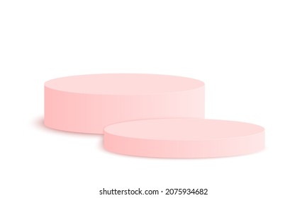 Round pink podiums. Empty pedestal mockup for cosmetics, product presentation. Clean cylindrical showcase platform isolated on white background. Vector realistic illustration in minimalism style.
