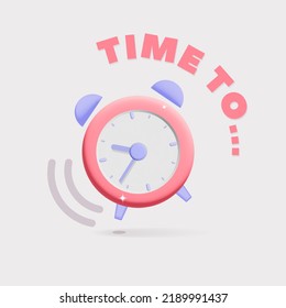 Ilustración de diseño vectorial 3d con reloj de alarma redondo rosa y púrpura. Tiempo de enviar un mensaje de texto. Gestión del tiempo y mantenimiento del tiempo, empresa, trabajo, símbolo de concepto de período de tiempo. Aislado sobre fondo blanco