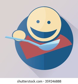 round pink smiling face with two small, blue eyes enclosed in a blue circle blue appetizing eats with a spoon, vector 