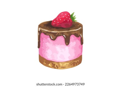 Torta vectorial redonda rosa con fresa y chocolate. Dibujo manual de acuarela de la pastelería de comida para menú, café. Aislado sobre fondo blanco.