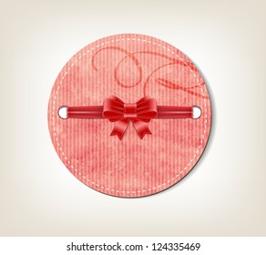 Round pink vector hand made paper textured note with silky ribbon bow knot and calligraphic decoration