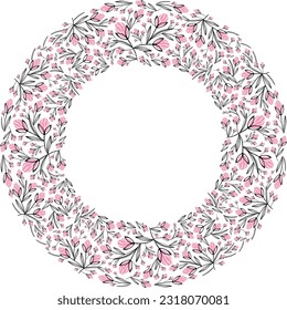 Round pink vibrant floral frame, bright frame with pink tulip flowers