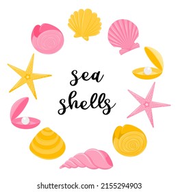 Round pink-yellow frame of marine aquatic animals, spiral shells, nautilus, starfish, pearl clam. Flat cartoon style. Vector illustrations isolated on a white background.