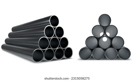 round Pipes stack . steel metal plumbing pipelines. Industrial pieces for conducting factory or construction works isolated on white background, realistic 3d vector set