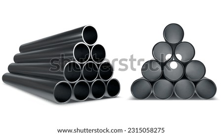 round Pipes stack . steel metal plumbing pipelines. Industrial pieces for conducting factory or construction works isolated on white background, realistic 3d vector set