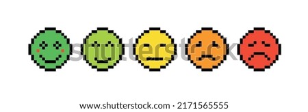Round pixel facial expressions with various emotions, cheerful, neutral, sad. Emoji icons in retro style.