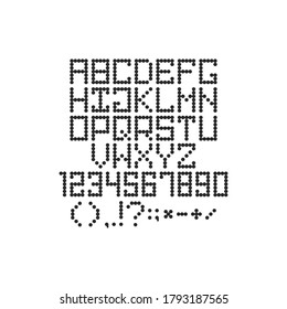 Round pixel font with letters and numbers and special characters in the dots style of old 8-bit video games, digital type for 80s 90s applications