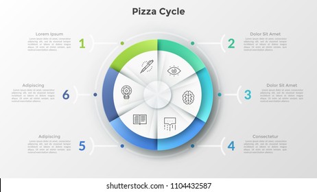 Round pizza chart divided into 6 equal sectors with linear symbols inside connected to numbered text boxes. Concept of six features of business project. Infographic design layout. Vector illustration.