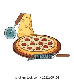 round pizza with cheese piece and utensils over white background, vector illustration