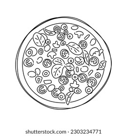 Round pizza with cheese, tomatoes, olives and vegetables. Hand drawn vector illustration.