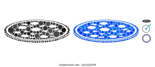 Round pizza composition of small circles in various sizes and shades, based on round pizza icon. Vector small circles are grouped into blue composition.
