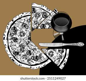 Round pizza cut into equal parts with a wine glass and a knife on a brown background. Drawing in black and white vintage engraving style. Vector illustration