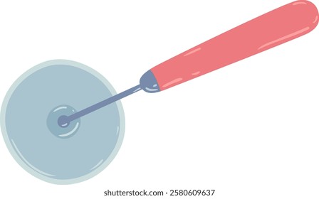 Round pizza cutter with a pink handle slicing through a delicious pizza, featuring a simple vector illustration against a clean white background