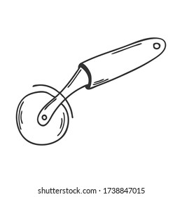 Round pizza cutting knife. Kitchen appliance for cutting dough. Decorative element for menu design, recipes, and food packaging. Hand-drawn and isolated on a white background.Black-white vector.