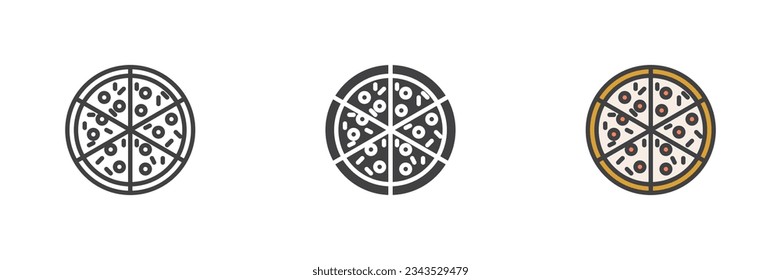 Conjunto de iconos de estilos diferentes para pizzas redondas. Línea, glifo y contorno relleno versión colorida, contorno y signo vectorial relleno. Símbolo, ilustración del logotipo. Gráficos vectoriales