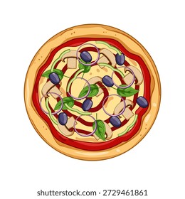 Runde Pizza mit verschiedenen Belägen wie Pilzen, schwarzen Oliven, roten Zwiebeln, grünem Paprika und frischem Basilikum, die ein beliebtes italienisches Fastfood-Gericht darstellen