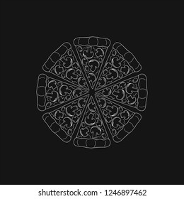 Round pizza. Hand-drawn round pizza with mushrooms on a black background. Vector illustration.  