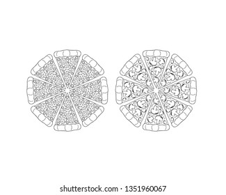 Round pizza isolated on white background. Pizza with mushrooms and sausage cut into pieces.