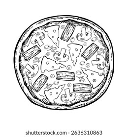 Round pizza with mushrooms and bacon. Vector graphics, hand-drawn black and white illustrations. Isolate on a white background. For recipes, menus, pizzeria decoration, packaging, and more.