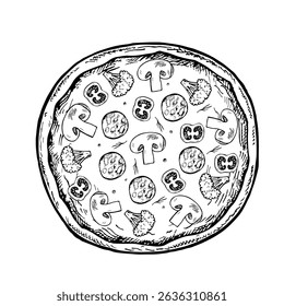Round pizza with mushrooms and salami. Vector graphics, hand-drawn black and white illustrations. Isolate on a white background. For recipes, menus, pizzeria decoration, packaging, and more.