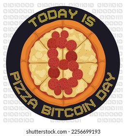 Round pizza with pepperoni like bitcoin symbol and pixelated sign to celebrate Pizza Bitcoin Day (written in binary code in the background).