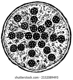 Round Pizza with pepperoni, olives and champignons. Italian cuisine. Ink hand drawn. Top view. Food element for menu design isolated on white. Sketch Vector illustration.