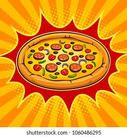 Round pizza pop art retro vector illustration. Color background. Comic book style imitation.