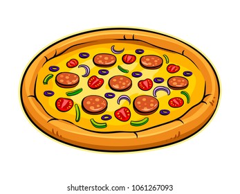 Round pizza pop art retro vector illustration. Isolated image on white background. Comic book style imitation.