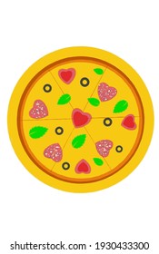 round pizza with salami, vegetables and olives