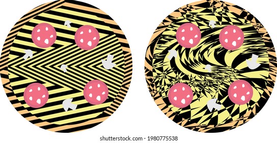 round pizza with sausage and champignons modern fast food icon in op art style