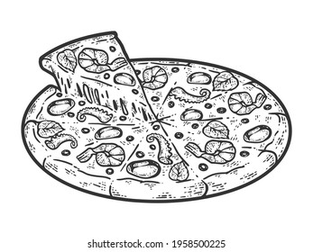 Round pizza with seafood. Sketch scratch board imitation. Black and white.