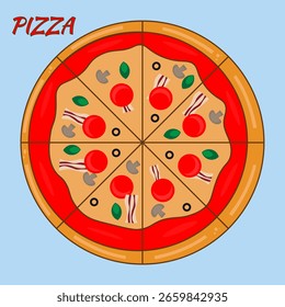 Round pizza with tomato and olives Vector illustration of fast food 