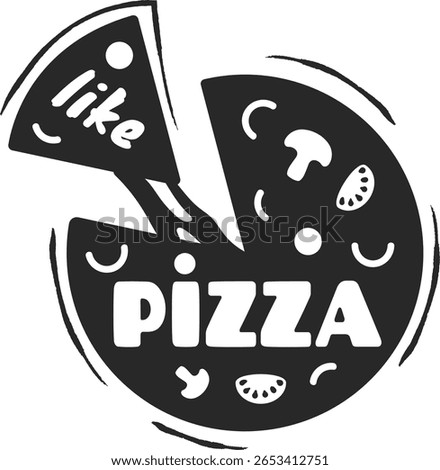 Round pizza topped with fresh tomatoes, mushrooms, and other delectable ingredients, featuring a slice being taken away with the word like in bold black and white