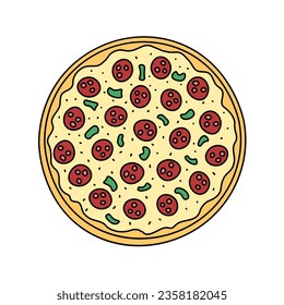 Round Pizza vector doodle element isolated. Outline illustration of fast food dish with salami and vegetables. Hand drawn cute colorful doodles.