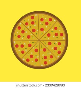 round pizza vector illustration on yellow background