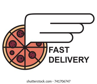 round pizza with a wing, pizza with salami, fast food delivery, color logo, vector image, flat design