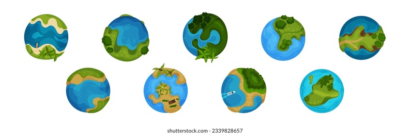 Round Planet Earth and Globe with Land and Ocean Vector Set