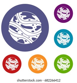Round planet icons set in flat circle red, blue and green color for web