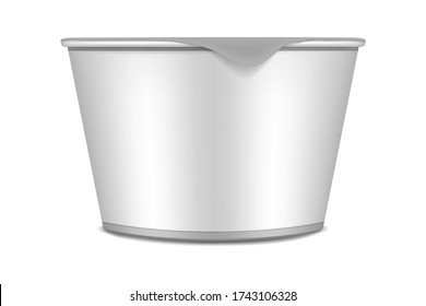 Round plastic container with blank white label and peel off lid, vector mockup. Food product package, mock-up.