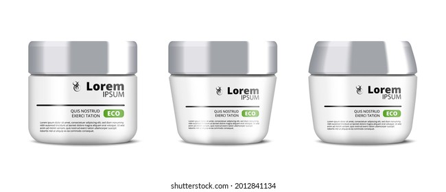 Round Plastic Cream Jar With Silver Lid Set. EPS10 Vector