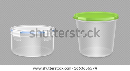 Round plastic food containers with clipping path and latch lock lids. Storage for frozen products, lunchbox for meal, package isolated on transparent background, Realistic 3d vector mock up, clip art