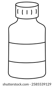 Round plastic jar for medicines, vitamins. Blank label. Sketch. Vector illustration. Tube with a screw cap. Outline on an isolated white background. Coloring for children. Empty tube.