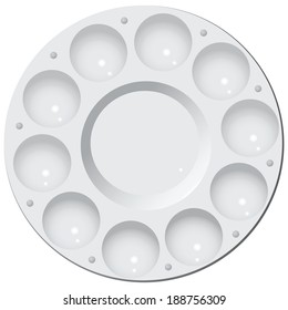 Round plastic palette for watercolor painting. Vector illustration.